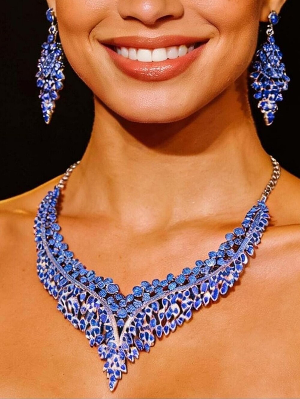 Blue Crystal Statement Necklace and Earrings Set